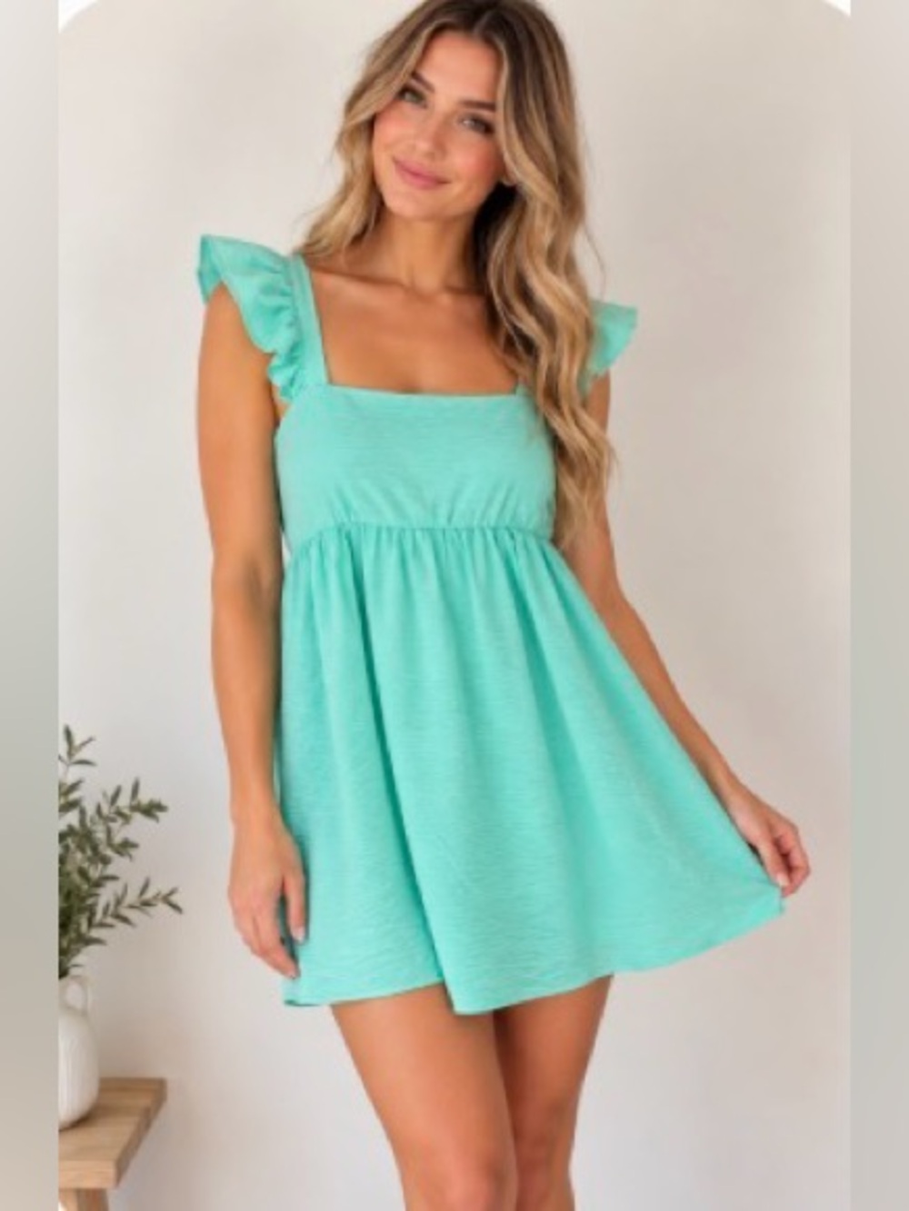 Girls' Square Neck Ruffle Sleeve Dress in Aqua